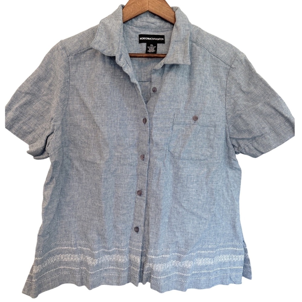 Norton McNaughton Blue Linen Blend Short Sleeve Button Up Shirt Size XL